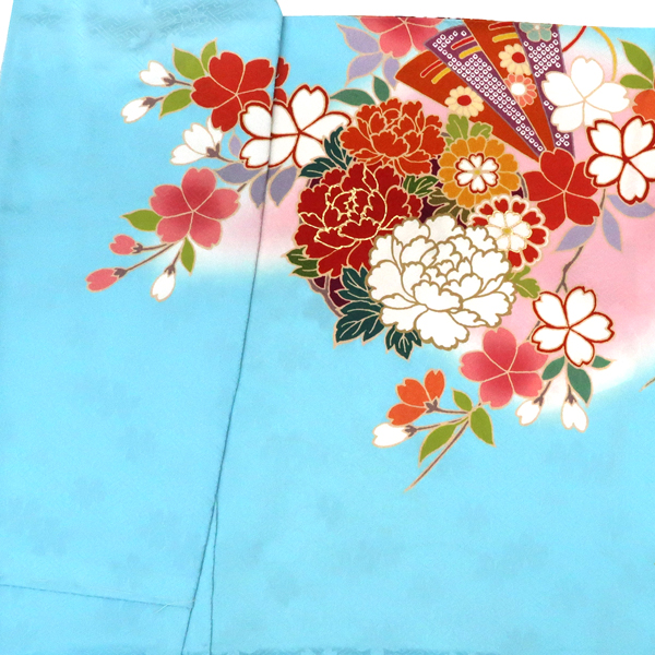 振袖 水色 古典柄 花の丸 牡丹  桜 牡丹 正絹 フォーマル 着物 成人式［121,000円］ 枚目