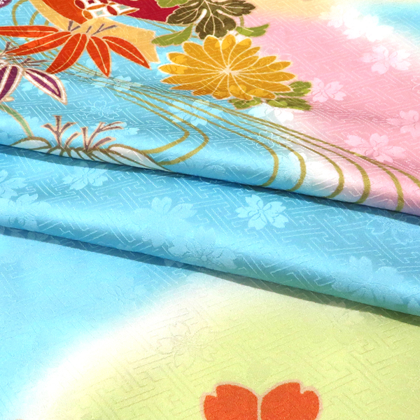 振袖 水色 古典柄 花の丸 牡丹  桜 牡丹 正絹 フォーマル 着物 成人式［121,000円］ 枚目