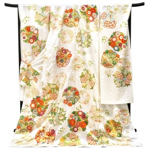 吉澤織物 吉澤の友禅 振袖 白 花の丸 松竹梅 四季花 正絹 着物 成人式［308,000円］