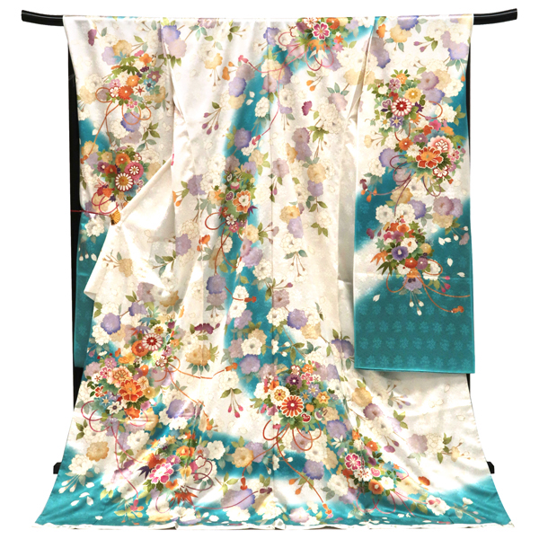 吉澤織物 吉澤の友禅 振袖 友禅 白 水色 くす玉 菊 牡丹 正絹 フォーマル 着物 成人式［308,000円］ 枚目