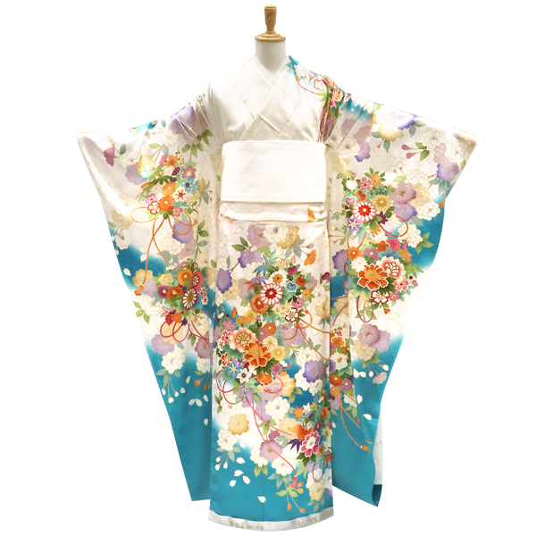 吉澤織物 吉澤の友禅 振袖 友禅 白 水色 くす玉 菊 牡丹 正絹 フォーマル 着物 成人式［308,000円］ 枚目