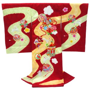 お宮参り 女の子産着 赤色 正絹 刺繍 絞り 着物 初着 のしめ 女 宮参り 毬 牡丹 鉾 うさぎ 赤ちゃん 女児［121,000円］