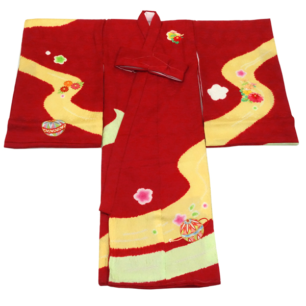 お宮参り 女の子産着 赤色 正絹 刺繍 絞り 着物 初着 のしめ 女 宮参り 毬 牡丹 鉾 うさぎ 赤ちゃん 女児［121,000円］ 枚目