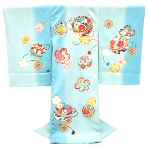 お宮参り 手描友禅 女の子産着 水色 正絹 着物 女 毬［132,000円］