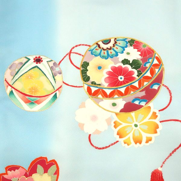 お宮参り 手描友禅 女の子産着 水色 正絹 着物 女 毬［132,000円］ 枚目