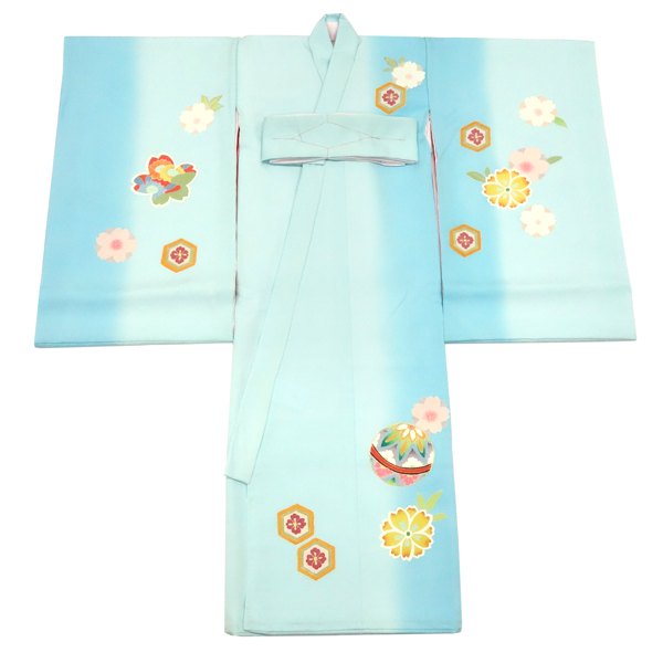 お宮参り 手描友禅 女の子産着 水色 正絹 着物 女 毬［132,000円］ 枚目