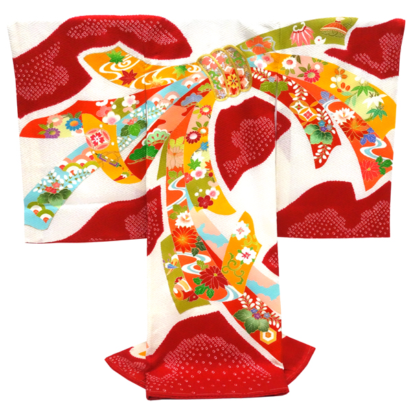 手描友禅 女の子産着 赤色 正絹 お宮参り 絞り 着物 束ね熨斗［132,000円］ 枚目