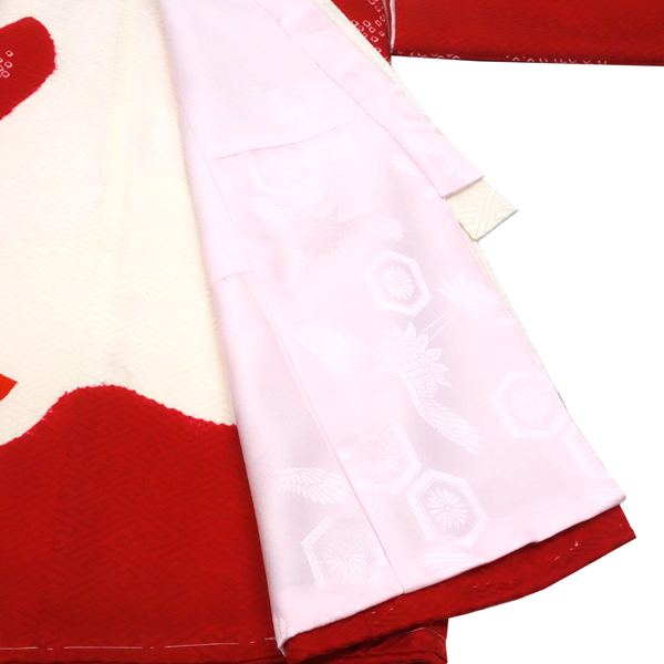 手描友禅 女の子産着 赤色 正絹 お宮参り 絞り 着物 束ね熨斗［132,000円］ 枚目