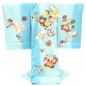 お宮参り 手描友禅 女の子産着 水色 正絹 着物 牡丹 花の丸［132,000円］