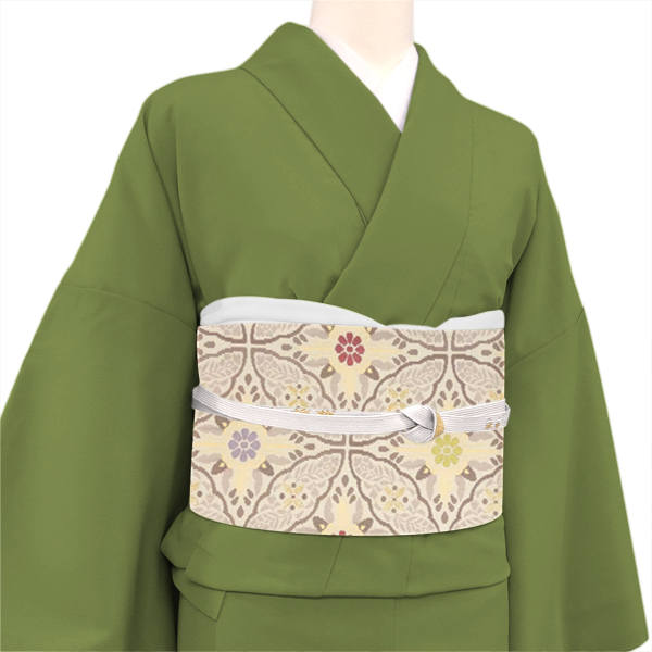 高島織物 紹巴織 袋帯 ベージュ 経錦 七宝 絹 西陣織 全通［187,000円］ 枚目