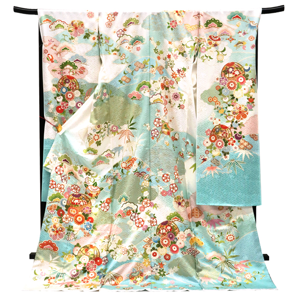 吉澤の友禅 振袖 白 水色 毬 遠山 正絹 着物 成人式 吉澤織物［308,000円］ 枚目