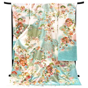 吉澤の友禅 振袖 白 水色 毬 遠山 正絹 着物 成人式 吉澤織物［308,000円］