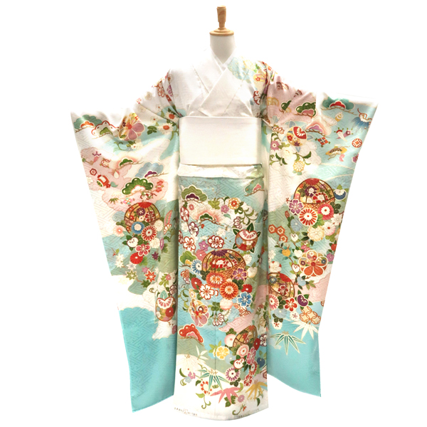 吉澤の友禅 振袖 白 水色 毬 遠山 正絹 着物 成人式 吉澤織物［308,000円］ 枚目