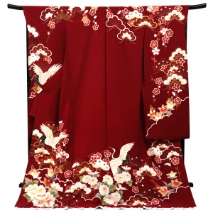 花かさね 振袖 手描き京友禅 赤 鶴 牡丹 正絹 着物 成人式［440,000円］