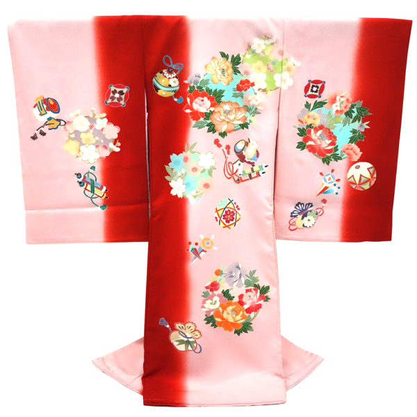 手描友禅 女の子産着  赤 ピンク お宮参り 正絹 着物 牡丹 花の丸［132,000円］ 枚目