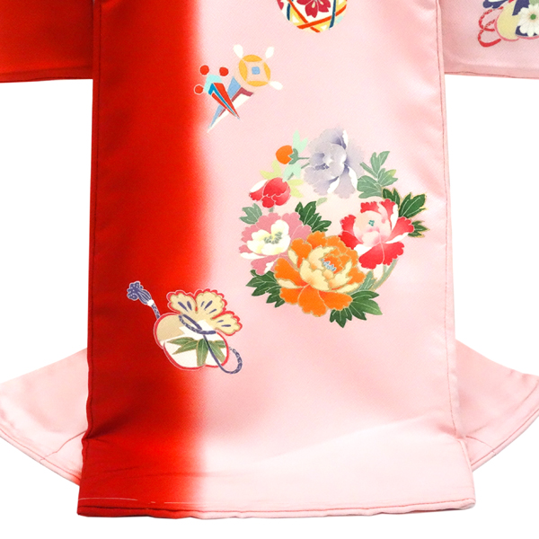 手描友禅 女の子産着  赤 ピンク お宮参り 正絹 着物 牡丹 花の丸［132,000円］ 枚目