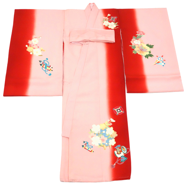 手描友禅 女の子産着  赤 ピンク お宮参り 正絹 着物 牡丹 花の丸［132,000円］ 枚目