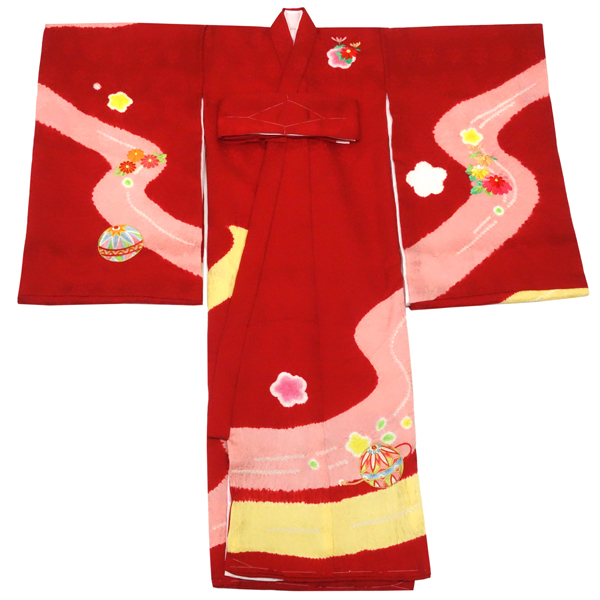 刺繍 絞り 女の子産着 赤色 正絹 お宮参り 着物 毬 牡丹 鉾［121,000円］ 枚目