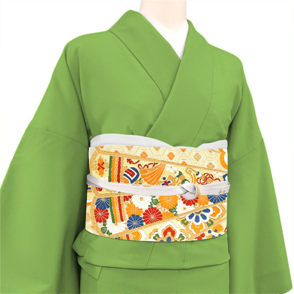 岡文織物 振袖袋帯 ベージュ 正絹 西陣織 桧扇宝花文 成人式［66,000円］ 枚目
