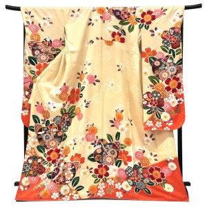 仕立て上がり 振袖 正絹 クリーム色 古典柄 橘 桜 菊 人式 卒業式［110,000円］