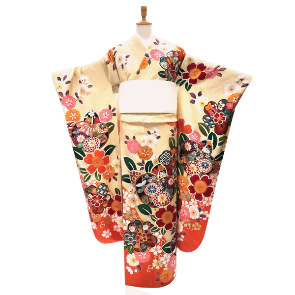 仕立て上がり 振袖 正絹 クリーム色 古典柄 橘 桜 菊 人式 卒業式［110,000円］ 枚目