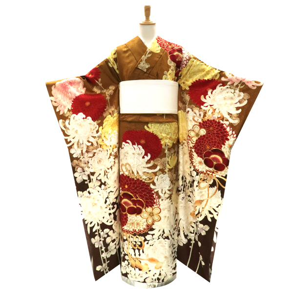 九重×中村里砂ブランド 振袖 古典柄 菊 万寿菊 饅頭菊 薄茶色 正絹 成人式［143,000円］ 枚目