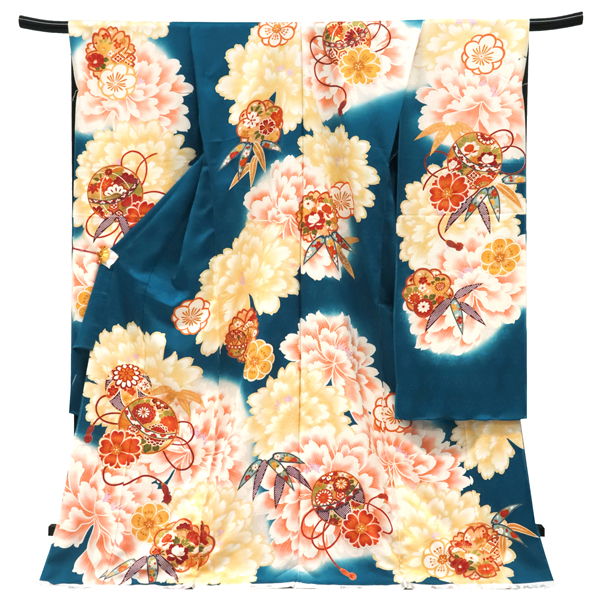 振袖 正絹 青 古典柄 牡丹 毬 桜 梅 笹［143,000円］ 枚目