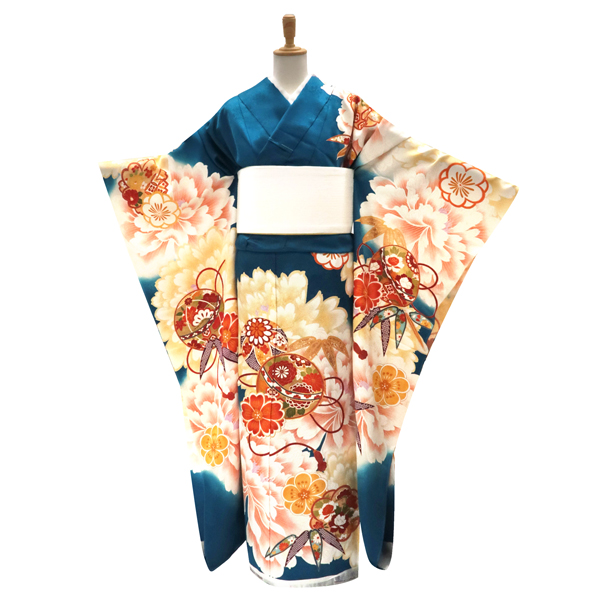 振袖 正絹 青 古典柄 牡丹 毬 桜 梅 笹［143,000円］ 枚目