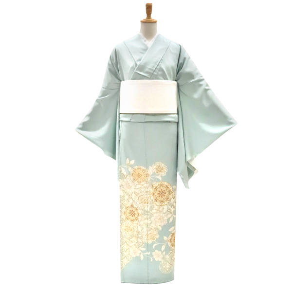 吉澤の友禅 吉澤織物 色留袖 青磁色 華文 唐花 牡丹唐草 古典柄 正絹［242,000円］ 枚目