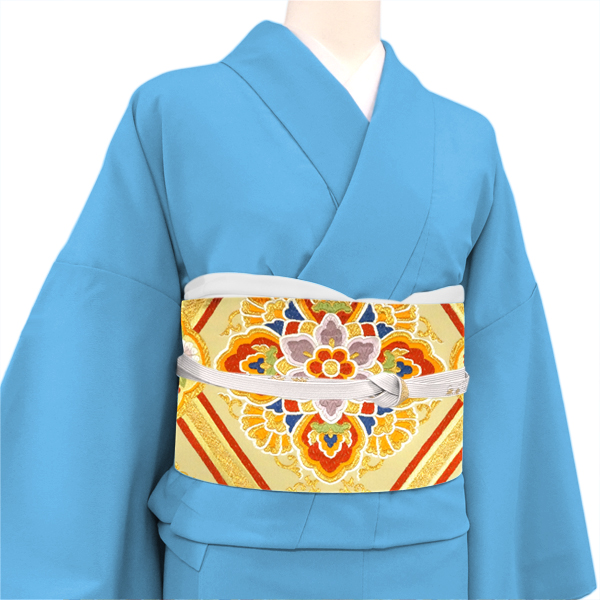 岡文織物 西陣織 振袖用袋帯 菱取花華文 ベージュ 正絹 振袖帯 成人式［66,000円］ 枚目