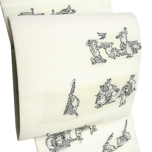 佐々木染織 夏帯 洒落袋帯 正絹 白 鳥獣戯画 蛙 兎 絽袋帯 西陣織 夏物［36,300円］ 枚目