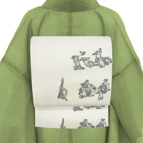 佐々木染織 夏帯 洒落袋帯 正絹 白 鳥獣戯画 蛙 兎 絽袋帯 西陣織 夏物［36,300円］ 枚目