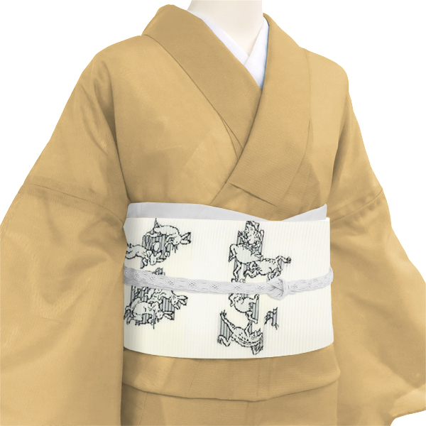 佐々木染織 夏帯 洒落袋帯 正絹 白 鳥獣戯画 蛙 兎 絽袋帯 西陣織 夏物［36,300円］ 枚目