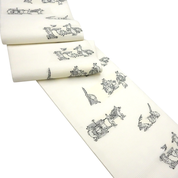 佐々木染織 夏帯 洒落袋帯 正絹 白 鳥獣戯画 蛙 兎 絽袋帯 西陣織 夏物［36,300円］ 枚目