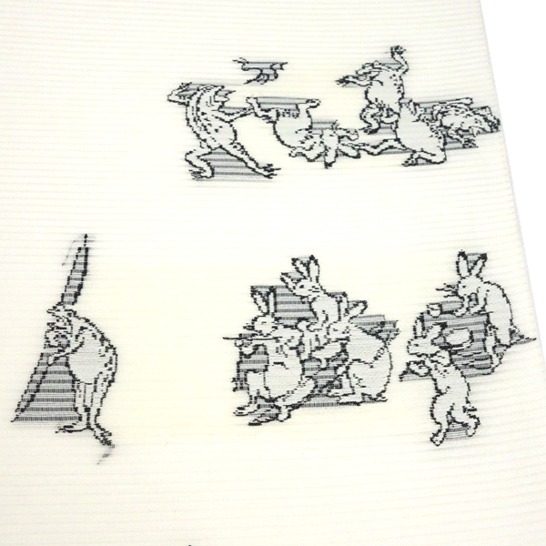 佐々木染織 夏帯 洒落袋帯 正絹 白 鳥獣戯画 蛙 兎 絽袋帯 西陣織 夏物［36,300円］ 枚目