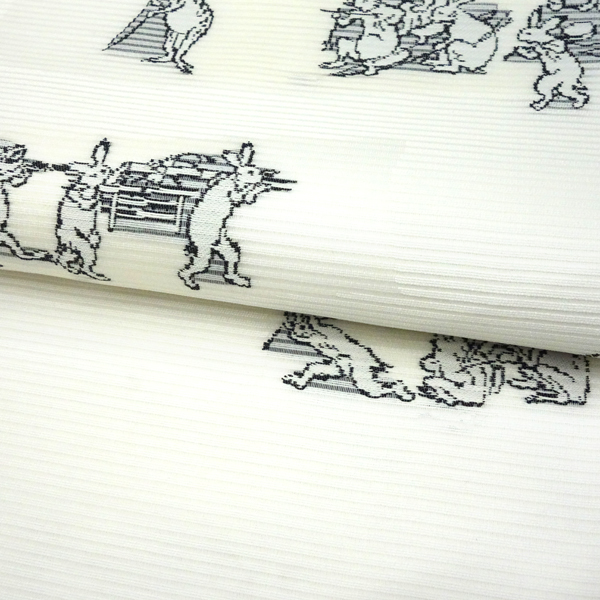 佐々木染織 夏帯 洒落袋帯 正絹 白 鳥獣戯画 蛙 兎 絽袋帯 西陣織 夏物［36,300円］ 枚目