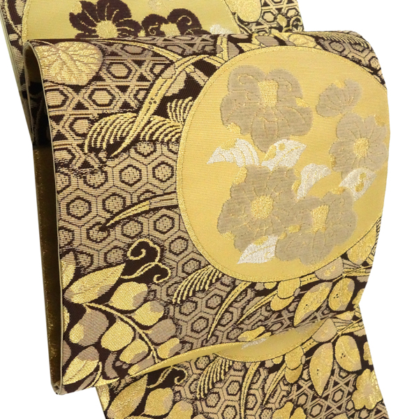 佐々木染織 袋帯 絹 西陣織 こげ茶色×金 椿 藤 葵 モール織り フォーマル［36,300円］ 枚目