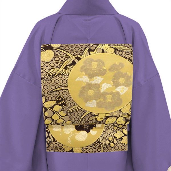 佐々木染織 袋帯 絹 西陣織 こげ茶色×金 椿 藤 葵 モール織り フォーマル［36,300円］ 枚目