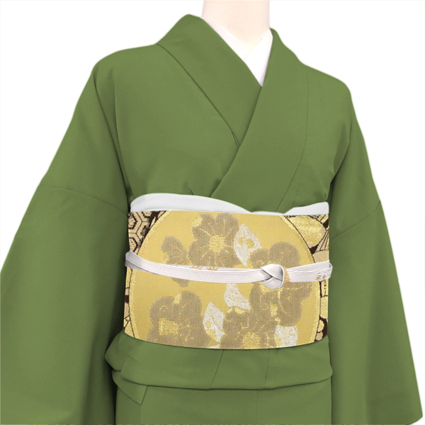 佐々木染織 袋帯 絹 西陣織 こげ茶色×金 椿 藤 葵 モール織り フォーマル［36,300円］ 枚目