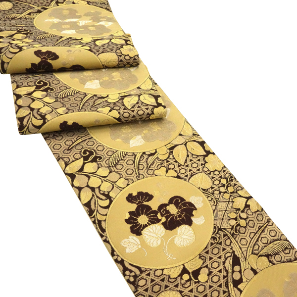 佐々木染織 袋帯 絹 西陣織 こげ茶色×金 椿 藤 葵 モール織り フォーマル［36,300円］ 枚目