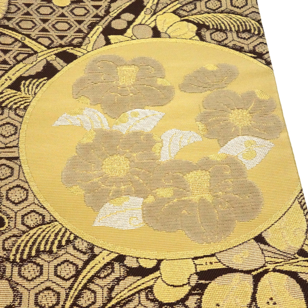 佐々木染織 袋帯 絹 西陣織 こげ茶色×金 椿 藤 葵 モール織り フォーマル［36,300円］ 枚目