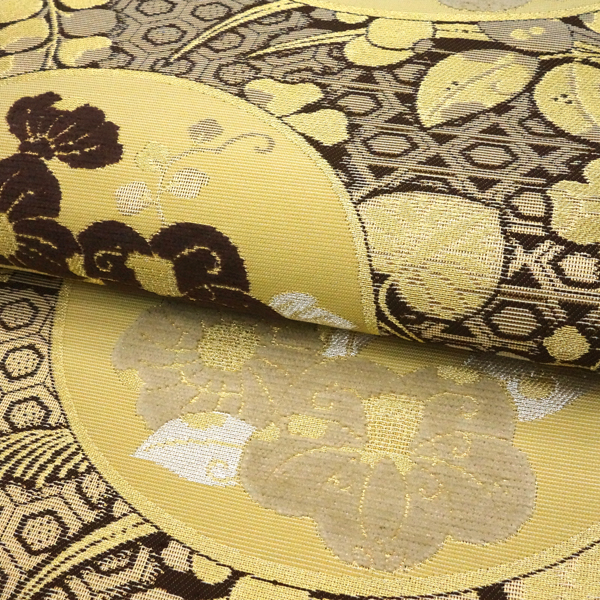 佐々木染織 袋帯 絹 西陣織 こげ茶色×金 椿 藤 葵 モール織り フォーマル［36,300円］ 枚目