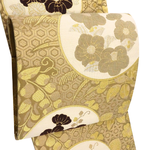 佐々木染織 袋帯 西陣織 絹 ベージュ 金 丸文 椿 藤 葵 モール織り［36,300円］ 枚目