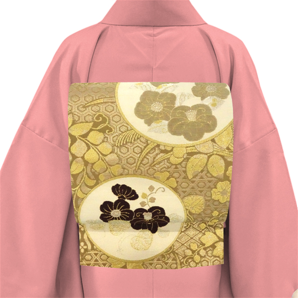 佐々木染織 袋帯 西陣織 絹 ベージュ 金 丸文 椿 藤 葵 モール織り［36,300円］ 枚目