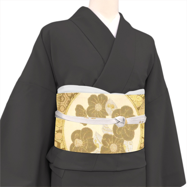 佐々木染織 袋帯 西陣織 絹 ベージュ 金 丸文 椿 藤 葵 モール織り［36,300円］ 枚目