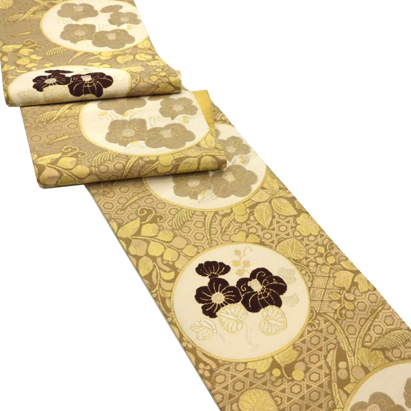 佐々木染織 袋帯 西陣織 絹 ベージュ 金 丸文 椿 藤 葵 モール織り［36,300円］ 枚目
