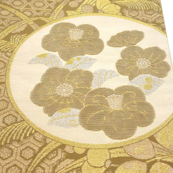佐々木染織 袋帯 西陣織 絹 ベージュ 金 丸文 椿 藤 葵 モール織り［36,300円］ 枚目