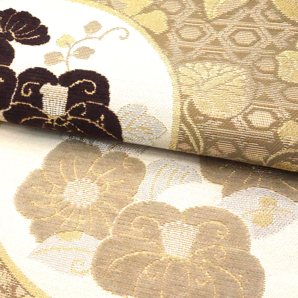 佐々木染織 袋帯 西陣織 絹 ベージュ 金 丸文 椿 藤 葵 モール織り［36,300円］ 枚目