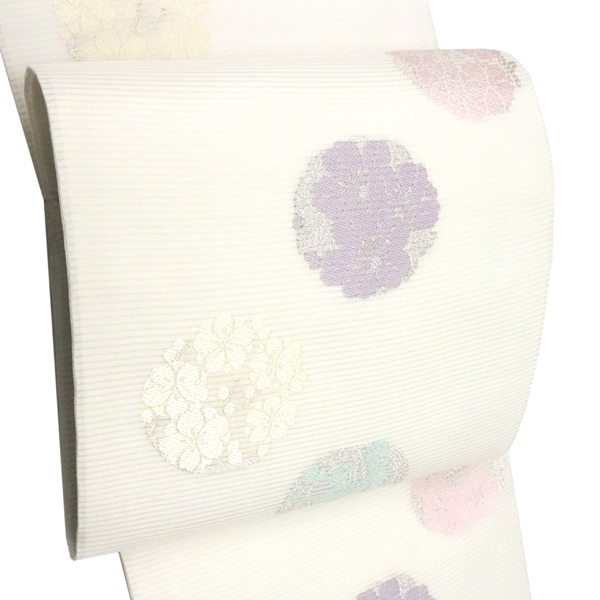 佐々木染織 夏帯 袋帯 フォーマル 絽袋帯 西陣織 白色 花の丸 夏物 正絹［36,300円］ 枚目