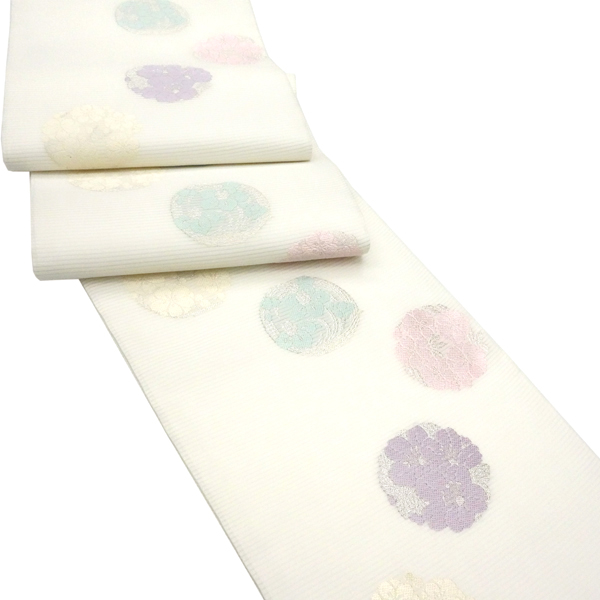 佐々木染織 夏帯 袋帯 フォーマル 絽袋帯 西陣織 白色 花の丸 夏物 正絹［36,300円］ 枚目